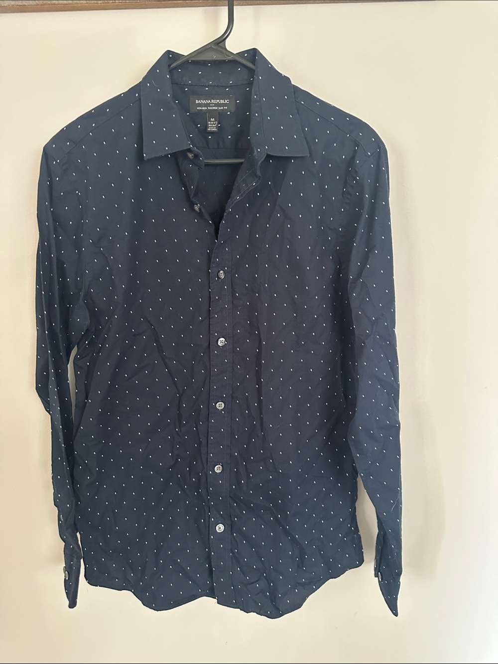 Banana Republic Navy Button-Down Shirt with White Micro Dots- 100% cotton Medium